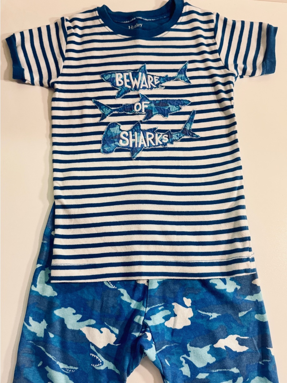 Hatley Blue and White Striped & Shark Print Kids Pajama Set
